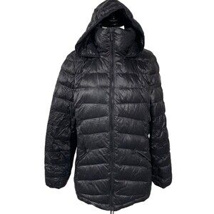 DKNY Down Puffer Jacket Coat Women's XL Black Below The Waist Double Zipper Hood